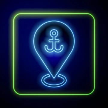 Glowing neon Map pointer with anchor icon isolated on blue background.  Vecto Stockillustratie