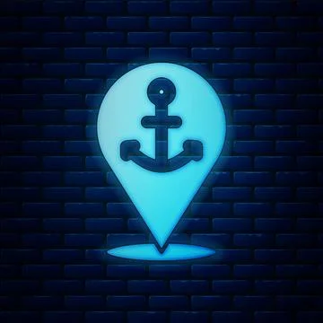 Glowing neon Map pointer with anchor icon isolated on brick wall background.  Stock Illustration