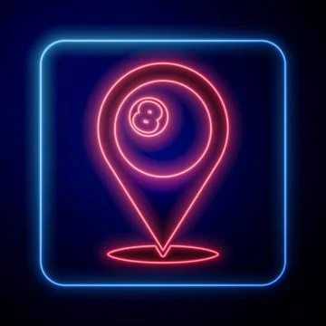 Glowing neon Map pointer with billiard pool snooker ball with number 8 icon Stock Illustration