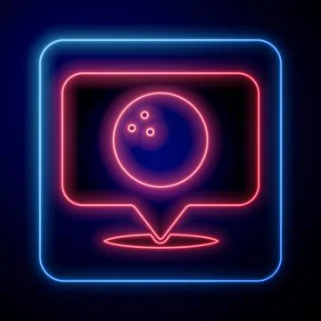 Glowing neon Map pointer with bowling ball icon isolated on black background Stock Illustration