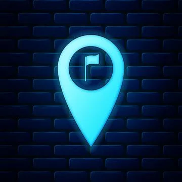 Glowing neon Map pointer with golf flag icon isolated on brick wall background Stock Illustration