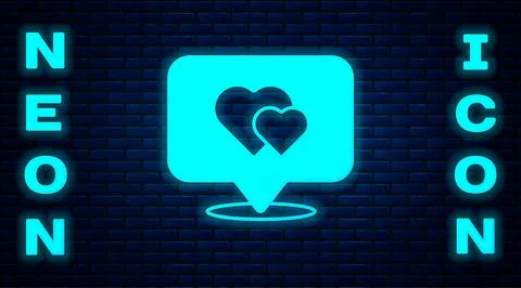 Glowing neon Map pointer with heart icon isolated on brick wall background Illustrazione stock