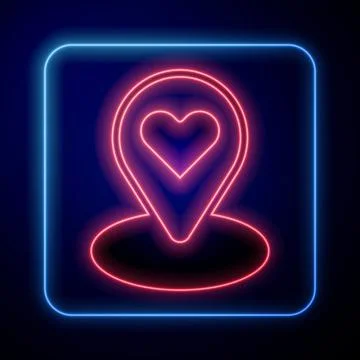 Glowing neon Map pointer with heart icon isolated on black background. Valent Stock Illustration