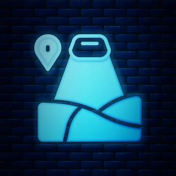 Glowing neon Map pointer with mountain icon isolated on brick wall background Stock Illustration