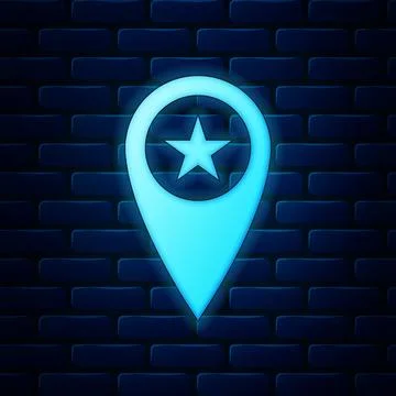 Glowing neon Map pointer with star icon isolated on brick wall background. Star Stock Illustration