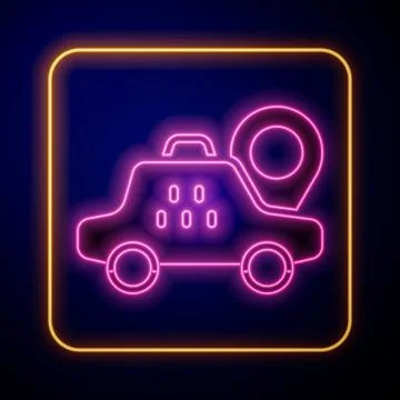Glowing neon Map pointer with taxi car icon isolated on black background Illustrazione stock