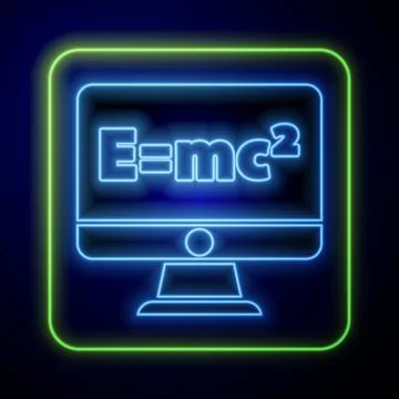Glowing neon Math system of equation solution on computer monitor icon isolated Stock Illustration