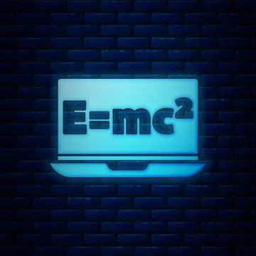 Glowing neon Math system of equation solution on laptop icon isolated on brick Illustrazione stock
