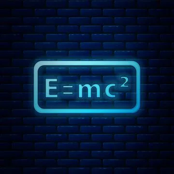 Glowing neon Math system of equation solution icon isolated on brick wall Stock Illustration