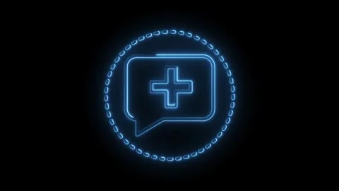 Glowing neon medical chat bubble icon with plus sign on dark background Stock Footage 315959088