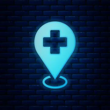 Glowing neon Medical map pointer with cross hospital icon isolated on brick wall 스톡 일러스트