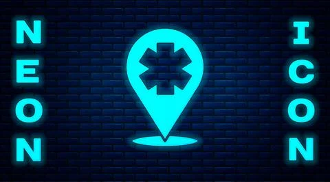Glowing neon Medical map pointer with cross hospital icon isolated on brick wall 스톡 일러스트