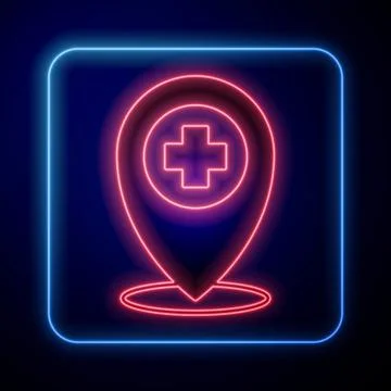 Glowing neon Medical map pointer with cross hospital icon isolated on black イラスト素材