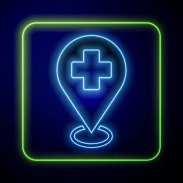 Glowing neon Medical map pointer with cross hospital icon isolated on blue 스톡 일러스트