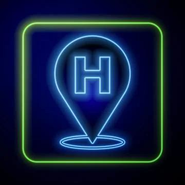 Glowing neon Medical map pointer with cross hospital icon isolated on blue 스톡 일러스트