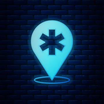 Glowing neon Medical map pointer with cross hospital icon isolated on brick wall 스톡 일러스트