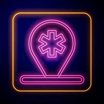 Glowing neon Medical map pointer with cross hospital icon isolated on black イラスト素材