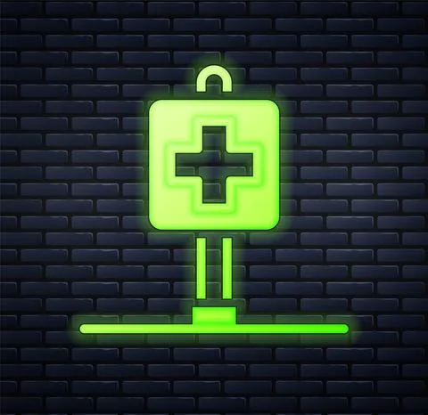 Glowing neon Medical map pointer with cross hospital icon isolated on brick wall 스톡 일러스트