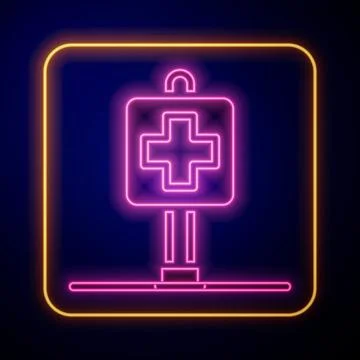 Glowing neon Medical map pointer with cross hospital icon isolated on black 스톡 일러스트