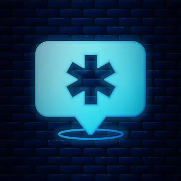 Glowing neon Medical map pointer with cross hospital icon isolated on brick wall 스톡 일러스트