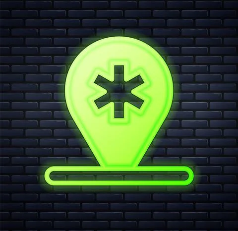 Glowing neon Medical map pointer with cross hospital icon isolated on brick wall 스톡 일러스트
