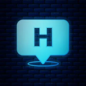 Glowing neon Medical map pointer with cross hospital icon isolated on brick wall 스톡 일러스트