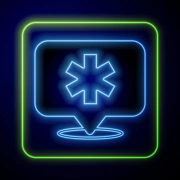 Glowing neon Medical map pointer with cross hospital icon isolated on blue ba 스톡 일러스트
