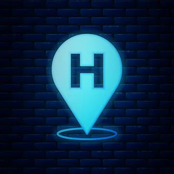 Glowing neon Medical map pointer with cross hospital icon isolated on brick w 스톡 일러스트