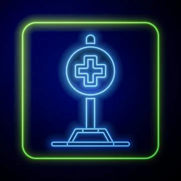 Glowing neon Medical map pointer with cross hospital icon isolated on blue 스톡 일러스트