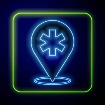 Glowing neon Medical map pointer with cross hospital icon isolated on blue 스톡 일러스트