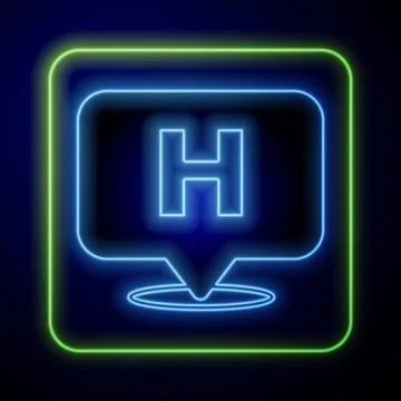 Glowing neon Medical map pointer with cross hospital icon isolated on blue .. 스톡 일러스트