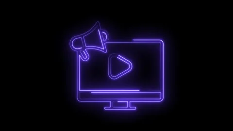 Glowing neon megaphone icon broadcasting on computer screen with play butto.. Stock Footage 314557724