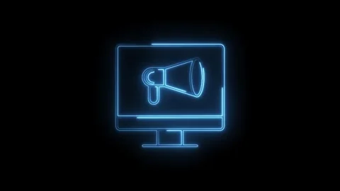 Glowing Neon Megaphone Icon on Computer Screen Announcing Digital Marketing.. Stock Footage 315498587
