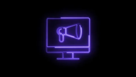 Glowing Neon Megaphone Icon Displayed on Computer Screen Digital Announceme.. Stock Footage 315498573