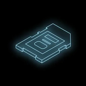 Glowing neon memory card on black background representing digital storage Stock Illustration