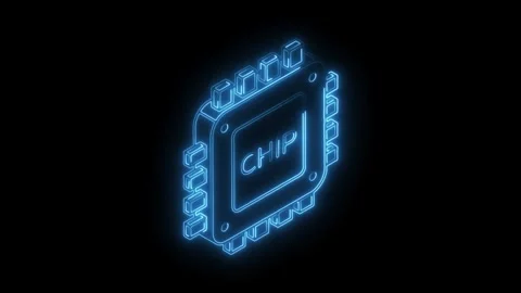 Glowing neon microchip animation on black background Stock Footage 308192374
