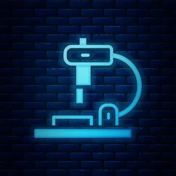 Glowing neon Microscope icon isolated on brick wall background. Chemistry Stock Illustration