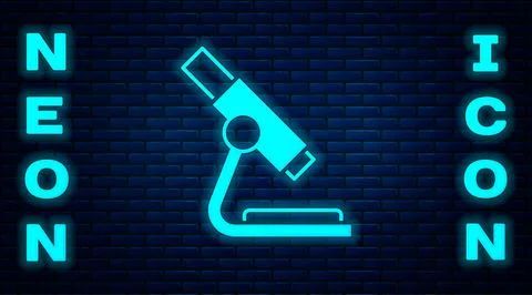 Glowing neon Microscope icon isolated on brick wall background. Chemistry Stock Illustration