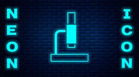 Glowing neon Microscope icon isolated on brick wall background. Chemistry Stock Illustration