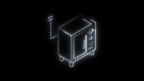 Glowing neon microwave oven icon with digital signal waves and control butt.. Stock Footage 314703598