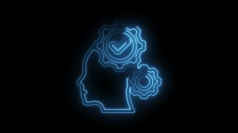 Glowing neon mind gears with check mark animation on black background Stock Footage 330778173
