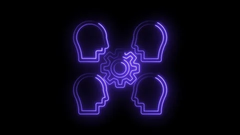 Glowing neon minds with gear symbolizing collaboration and problem solving on a Stock Footage 322961900