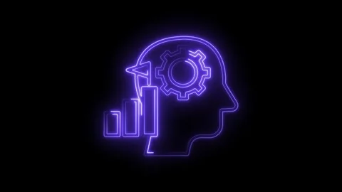 Glowing neon mindset animation with data growth charts and cogwheel brain o.. Stock Footage 312320238