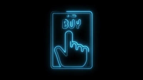 Glowing neon mobile buy button with hand cursor on black background animation Stock Footage 314539684