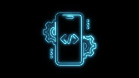 Glowing neon mobile development isolated on black background. HD Video moti.. Stock Footage 303552805