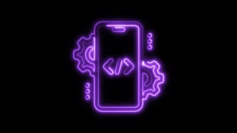Glowing neon mobile development isolated on black background. HD Video moti.. Stock Footage 303552843