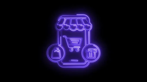 Glowing neon mobile ecommerce storefront animation on black background Stock Footage 322958860