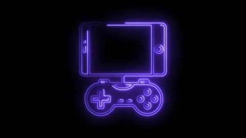 Glowing neon mobile gaming console with phone connection on a black backgroun Stock Footage 315958904