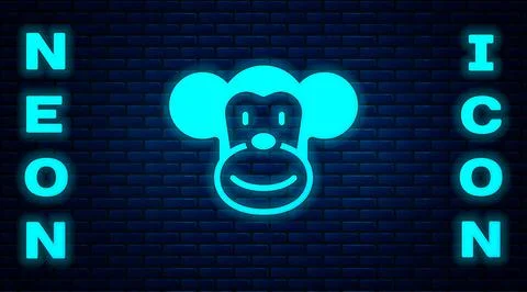 Glowing neon Monkey icon isolated on brick wall background. Animal symbol Stock Illustration