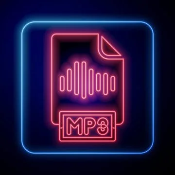 Glowing neon MP3 file document. Download mp3 button icon isolated on black 스톡 일러스트